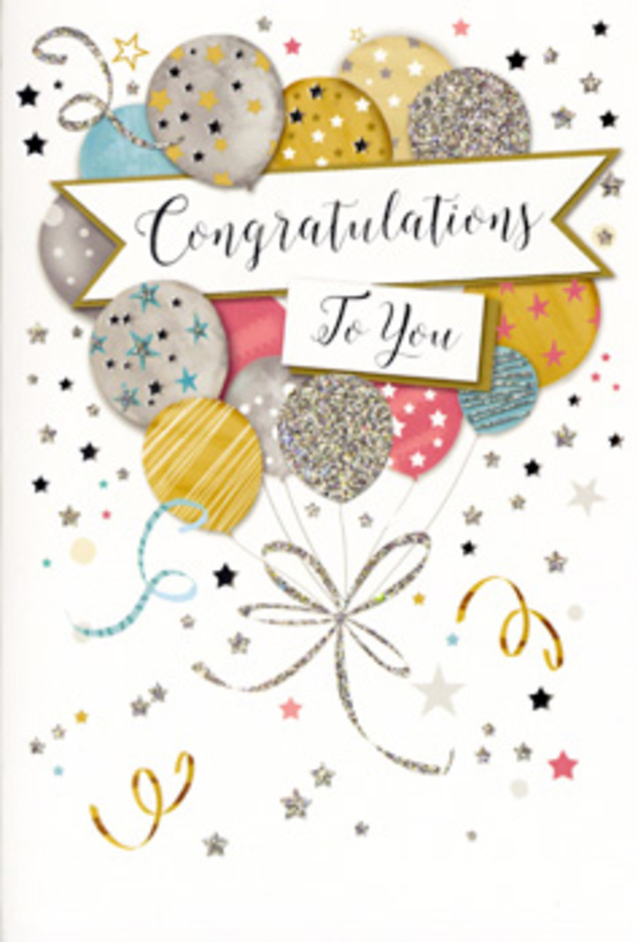 The congratulations card in this image feels like a refined celebration captured in stillness, the sort of design a Noak Hill florist might recommend to pair with a bright bouquet for a promotion or graduation. At its heart floats a generous cluster of balloons rendered in soft, metallic-inspired hues-muted gold, pale silver, champagne, clouded sky blue, and blush pink. Each balloon has its own delicate decoration, from narrow glittering stripes to tiny scattered stars and fine speckling that suggests a dusting of confetti. The balloons overlap in a loose, rounded shape, giving the illusion of depth, as if they're gently lifting upward the way real balloons might drift above the gardens near Noak Hill's residential lanes. Their strings are drawn in curving lines of gold and silver, meeting in a small, detailed knot that mirrors the careful bow on a hand-tied floral arrangement. Across the centre of the design, a ribbon-style banner stretches gracefully, carrying a clear Congratulations greeting written in elegant, flowing script that feels both personal and timeless. The background remains light and uncluttered, but scattered metallic stars, dots, and curly ribbons dance across it, evoking the carefree sparkle of confetti thrown at a doorstep celebration. Even without touching it, you can imagine the slight texture of raised glitter and the smooth sheen of the printed card stock. This artwork radiates warmth, admiration, and understated glamour, making it an ideal accompaniment to fresh flowers delivered across Noak Hill for any special success worth remembering.