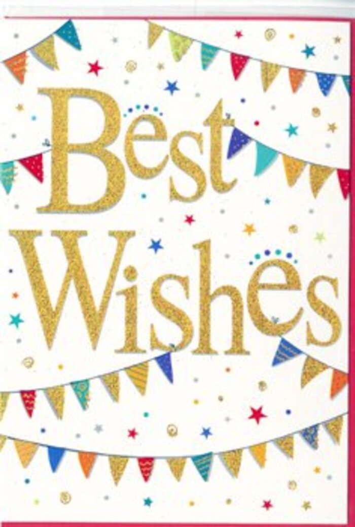 The photograph captures a single greeting card designed to convey heartfelt congratulations, its layout as carefully balanced as a thoughtfully arranged bouquet. In the centre of the card, the words Best Wishes appear in flowing golden script that shimmers delicately, thanks to a fine glitter finish and slightly raised embossing. Against the bright, unblemished white of the card stock, the gold lettering stands out with a quiet luxury, akin to catching a golden sunset over the rooftops of Noak Hill. Above and below this central message, curved lines of bunting sweep across the card in soft arcs, like festive garlands strung along a garden fence for a party. Each miniature flag is coloured in a lively palette-deep turquoise, coral, lime, scarlet, daffodil yellow, and soft sky blue-and many feature petite patterns: diagonal stripes, tiny dots, and mosaic-like prints. These flags alternate in colour and pattern, creating a rhythmic sense of movement, as though a faint breeze from Noak Hill's green spaces was rustling them. Dotted between the bunting strings are small, stylised stars and round confetti spots, sprinkled casually across the white space. Their colours echo the bunting, tying the whole composition together and giving the impression that the card is alive with celebration, yet never cluttered. The design feels accessible and inclusive, suitable for many happy occasions-a new baby, a graduation, or a long-awaited achievement. Looking at it, you can imagine a florist in Noak Hill slipping this card into a bouquet ready for local delivery, knowing that its sparkling Best Wishes will add a cheerful, elegant note to someone's special milestone.