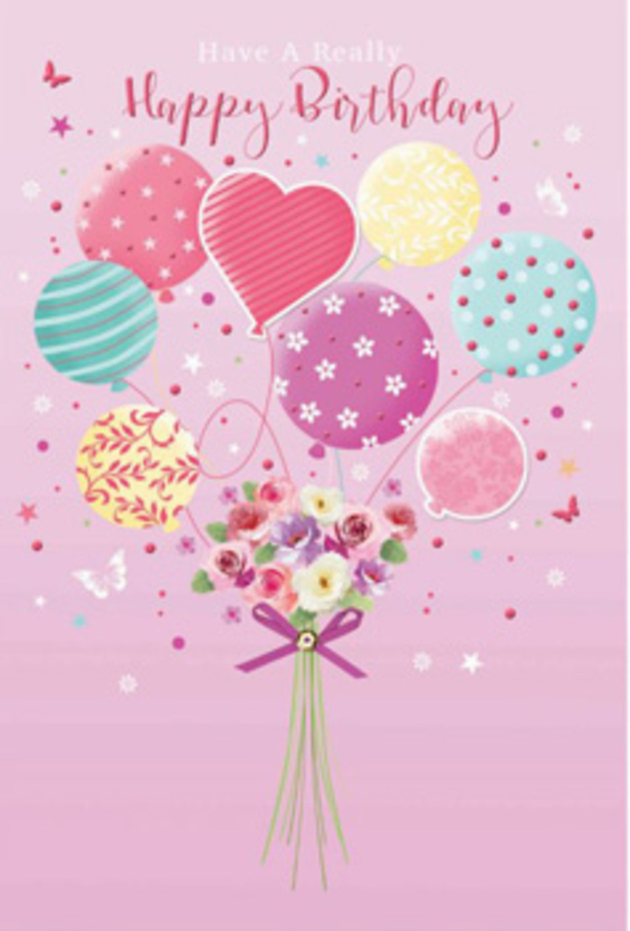 Pastel birthday illustration showing a floating bouquet of balloons and flowers, described with the attentive eye of a local Noak Hill florist. The backdrop is a smooth, powdery pink, like the inside of a delicate rose petal, setting a warm and gentle stage. At the bottom centre, a compact, hand-tied bouquet appears freshly gathered, filled with mini roses and daisy-like flowers in soft cream, blush pink, and dusky mauve. Their clustered heads suggest plump, fragrant blooms, carefully arranged so that the colours blend like a subtle sunrise over Noak Hill's quiet lanes. Each blossom is shaded to show depth and texture, with hints of shadow between petals creating the feeling of natural volume. A rich purple ribbon holds the stems tightly, its satin finish drawn with bright highlights that make it sparkle as though it has just been tied by a skilled florist. Rising from the bouquet, a generous bunch of pastel balloons floats upward, creating the impression that the flowers are being carried into the sky. The balloons come in soothing hues of sea green, candy pink, lemon yellow, and lavender, and each one wears a unique design: crisp stripes that curl around the surface, scattered dots that seem to dance, and gentle swirls that echo festive ribbons seen at local birthday parties around Noak Hill. A heart-shaped balloon sits near the centre, bringing a romantic, affectionate touch to the composition. Soft, even light washes over the scene, making the balloons gleam slightly while the petals glow with understated radiance. The overall feeling is one of gentle jubilation and thoughtful celebration, like a card chosen with care to accompany a birthday bouquet delivered to a loved one right here in the Noak Hill community.