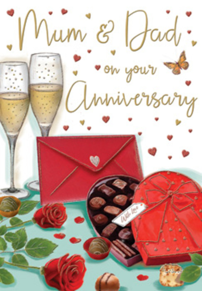 The anniversary card artwork presents a luxuriously romantic tableau, the sort of scene many families in Noak Hill might recognise from their own quiet celebrations. In the foreground, red roses with full, velvety heads stretch across the table, each petal exquisitely detailed, from the deep crimson heart of the bloom to the softer, slightly lighter edges where the light touches. The roses are nestled against lush green leaves, their varied shapes and subtle veining giving an impression of freshly cut stems delivered from a trusted local florist. Just beside them, a heart-shaped chocolate box is prominently displayed, its lid opened to showcase carefully arranged chocolates, with a bold, satin red bow arching across the top in smooth, shining loops. Two tall, clear champagne flutes stand close together, filled with golden champagne whose bubbles rise delicately, catching a gentle glow that suggests warm indoor lighting, perhaps in a family home near Noak Hill's quiet lanes. Around the central elements drift tiny red and gold hearts and soft strokes of metallic-like detailing, framing hand-written anniversary sentiments that include a tender message for Mum & Dad. A classic scarlet envelope rests on the surface, perfectly sealed, hinting at a personal letter filled with memories and appreciation. The colours-ruby red, warm gold, and deep green-combine to create a feeling of indulgence, intimacy, and celebration. As an experienced florist serving couples and families in Noak Hill, I read this image as more than a card: it feels like a snapshot of a shared evening, where the fragrance of roses, the taste of chocolate, and the sparkle of champagne blend into one cherished anniversary ritual.