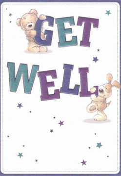 The soothing artwork of this get well card immediately conjures up a sense of comfort, reminiscent of the peaceful parks scattered around Noak Hill. At its heart, a fluffy teddy, perched jauntily atop the word 'GET,' gazes fondly at a lively puppy nestled against the robust 'WELL' below. Their forms are rounded and inviting, expertly illustrated to mimic the soft, tactile plushness one would find in a hand-tied bouquet crafted at a nearby Noak Hill flower shop. Deep jewel tones of purple, teal, and blue add visual richness to the bold typography, while scattered stars lend a magical lift-each twinkle echoing the hope and positivity a get well wish brings. The card's crisp, clean background offers an atmosphere of clarity and tender care, echoing the rejuvenating calm of Noak Hill's green spaces. Every detail, from the gentle curve of a paw to the playful glance between friends, conveys compassion and warmth-the same nurturing spirit that defines our tight-knit neighbourhood community. This scene, ripe with thoughtful artistry and kindness, makes an ideal accompaniment to a recovery bouquet for delivery across Noak Hill, infusing any recipient's day with a breath of heartfelt encouragement.