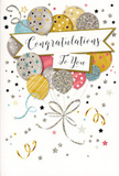 In this image, a beautifully designed congratulations card is propped up as if ready to be slipped beside a celebratory bouquet arriving at a doorstep in Noak Hill. The design centres on a joyful cluster of round balloons in a gentle, luxurious palette-brushed gold, soft silver, champagne, powdery sky blue, and blush pink. Each balloon carries its own pattern of tiny stars, narrow stripes, or fine glittery flecks, creating a sense of texture and sparkle, much like light glinting off party decorations at a cosy gathering near Noak Hill Common. The balloons overlap in a loose bouquet, their slender strings rendered in swooping lines of metallic gold and silver that gather together in an artful knot, suggesting care and intention. Floating across the middle is a softly curved banner, its edges slightly curled, with the words Congratulations To You written in ornate, flowing calligraphy. Surrounding the central scene, delicate stars, dots, and curly streamers appear to drift across the pale background, echoing the carefree flutter of confetti tossed into the air. The hint of metallic sheen in the ink makes the design feel luminous and festive without being overpowering. Though you can't feel the surface, the artwork invites you to imagine the contrast between smooth card stock and the slightly raised touch of glitter. The card as a whole conveys a light, uplifting mood-perfect for honouring exam success, a new job, or any hard-won achievement celebrated with fresh flowers and thoughtful gifts in the Noak Hill area.