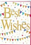 A single greeting card is displayed, radiating cheerful celebration with a refined, modern touch that would feel at home on any mantelpiece in Noak Hill. Dominating the centre are the words Best Wishes written in graceful, looping golden script, the letters picked out in glitter and soft embossing so they glint subtly, like fairy lights strung along a quiet Noak Hill street at dusk. The background is a clean, vivid white, making the metallic gold stand forward and giving the overall design a fresh and uncluttered feel. Framing the message above and below are curved strings of bunting, each tiny pennant rendered in bright, saturated colours-ruby reds, teal blues, fresh greens, sunflower yellows, and pinks-with an assortment of tiny patterns, from neat stripes to scattered dots and geometric blocks. These colourfully patterned flags swoop in easy arcs that suggest gentle movement, as though the bunting is lightly swaying in the breeze at a local garden celebration. Scattered across the remaining white space are petite stars and confetti-like dots, echoing the colours of the bunting and adding a sense of lively spontaneity, as if a handful of party confetti has just settled onto the card. The design balances fun and sophistication; nothing feels overdone, and there is room for the eye to rest, much like the calm open spaces around Noak Hill's residential lanes. It's the kind of card that pairs beautifully with a hand-tied bouquet sent to mark a new job, engagement, or move, conveying genuine joy and warm support with its sparkling golden message and softly festive details.
