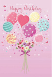 Cheerful illustrated birthday card design where balloons and flowers combine into one uplifting image, evoking the cosy, neighbourly feel of a Noak Hill celebration. The background is a warm, soft pink that gives the scene a tender, welcoming atmosphere. At the bottom, a hand-tied bouquet forms the heart of the composition, with small roses and daisy-like blooms closely gathered in tones of ivory, blush, and muted mauve. The petals look plush and delicately layered, carefully shaded to suggest real, freshly cut flowers that might have just been arranged for a birthday delivery in Noak Hill. A violet satin bow secures the stems, its loops and trailing ends catching an imagined glint of light, hinting at a florist's precise finishing touch. Rising from this floral cluster, a set of pastel balloons stretches upward, as if gently lifting the bouquet. The balloons vary in design: some feature playful polka dots, others show candy-striped bands in pink, lemon yellow, and sea green, while a central heart-shaped balloon radiates warmth and affection. Their soft, rounded shapes and glossy highlights make them appear buoyant and joyful, reminiscent of decorations at a family birthday tea near Noak Hill Common. Around the balloons, tiny star-like specks and delicate butterfly shapes are scattered, adding a fairytale sparkle to the composition. The lighting is bright but not harsh, giving a dewy sheen to the petals and a reflective glow to the balloon surfaces. Overall, the artwork conveys a light, festive mood-perfect for sending birthday wishes that feel both dreamy and close to home, like a handwritten card accompanying a fresh bouquet from a trusted local florist.