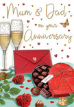 This illustrated anniversary card captures the essence of a heartfelt celebration for parents, much like the intimate gatherings often seen in Noak Hill homes after a special bouquet delivery. The central focus is a small arrangement of vivid red roses laid gracefully on a tabletop, their petals lush and velvety, with dense green foliage framing them in a way that recalls a fresh, hand-tied bunch. Just beside the flowers, a heart-shaped box of chocolates sits opened, revealing assorted pieces snug in their trays, with a lavish red ribbon tied into a generous bow, its satin sheen adding an indulgent touch. Two elegant champagne flutes, slender and tall, stand side by side, filled with effervescent golden champagne, tiny bubbles suspended mid-rise, inviting thoughts of a quiet toast shared at the end of the day. Surrounding these focal points are floating red and gold hearts, as well as soft, swirling accents that highlight carefully lettered anniversary wishes, including a devoted Mum & Dad, making the card feel personal and family-oriented. A bright red envelope lies nearby, angled as if just placed down after being sealed, implying a written note of gratitude, love, and shared memories. The whole scene is bathed in warm, ambient light, giving the glass, bow, and chocolates a subtle glow, like the gentle lamplight in a Noak Hill sitting room. From a florist's perspective, it evokes the familiar fragrance of fresh roses mingling with the sweet scent of chocolates and the soft fizz of champagne, embodying the enduring affection behind every anniversary celebrated together.